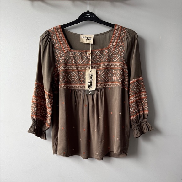 Savanna Jane Tops - Savanna Jane Olive Embroidered Babydoll Blouse Size S